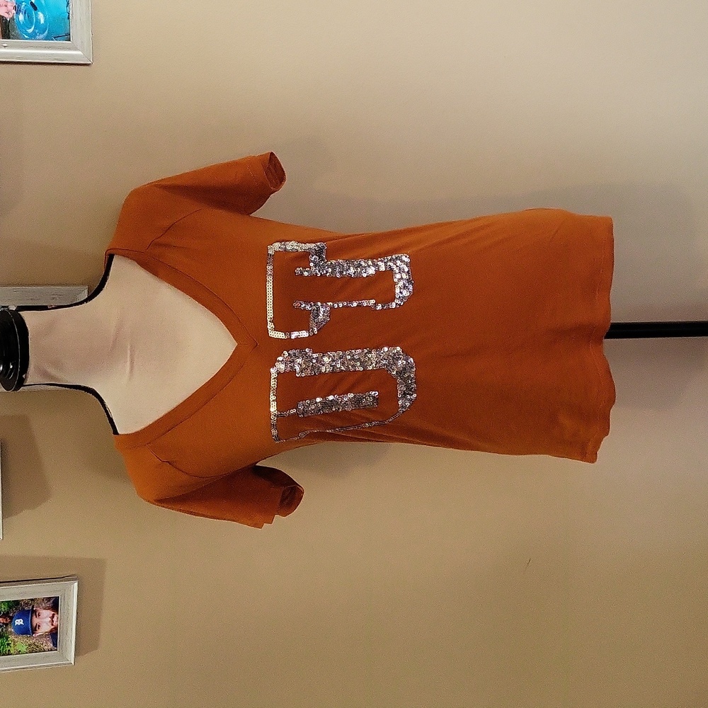PINK Victoria's Secret Orange V-Neck Tee with Sequin 'UT' Logo